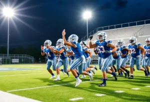 Myrtle Beach Seahawks players celebrating after a touchdown during a football game.