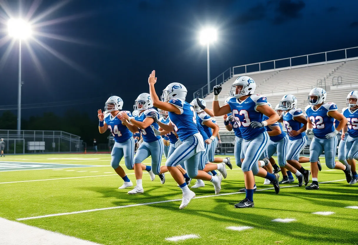 Myrtle Beach Seahawks players celebrating after a touchdown during a football game.