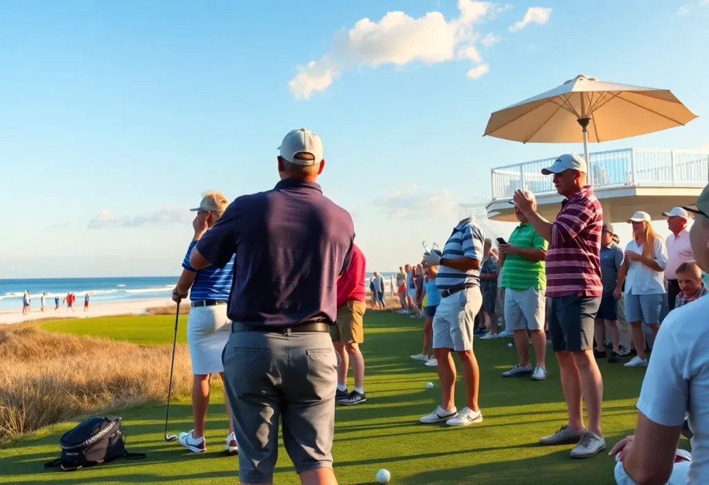 Golfers at Myrtle Beach World Am with karaoke events in the backdrop