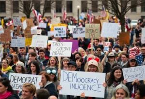 Diverse crowd protesting in a public square with signs advocating democracy.