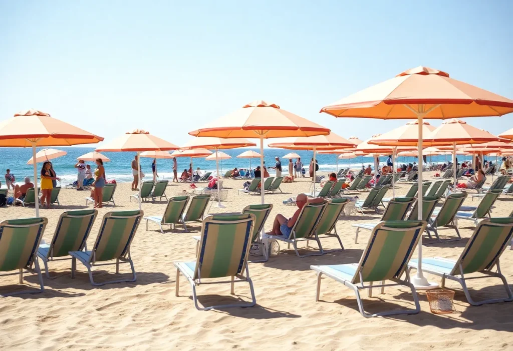 Beach scene with rental chairs and umbrellas in North Myrtle Beach