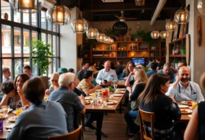 Exterior of Paula Deen's Family Kitchen with attendees enjoying a special event