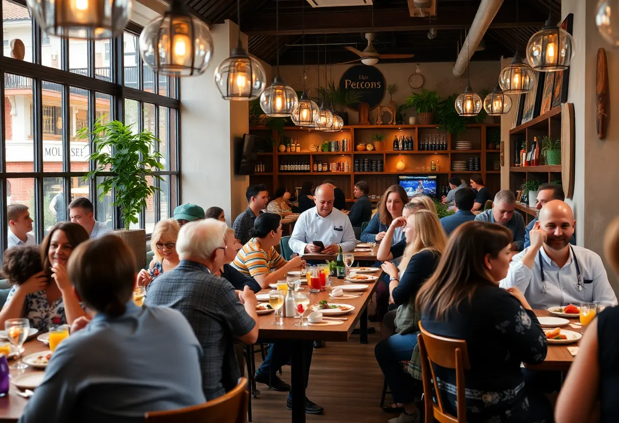 Exterior of Paula Deen's Family Kitchen with attendees enjoying a special event