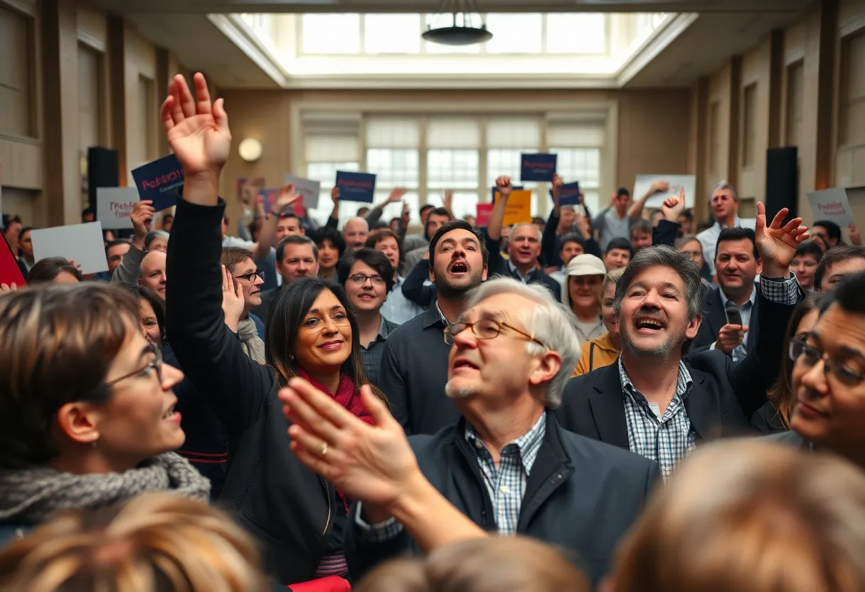Crowd at a political rally reacting to news of an assassination.