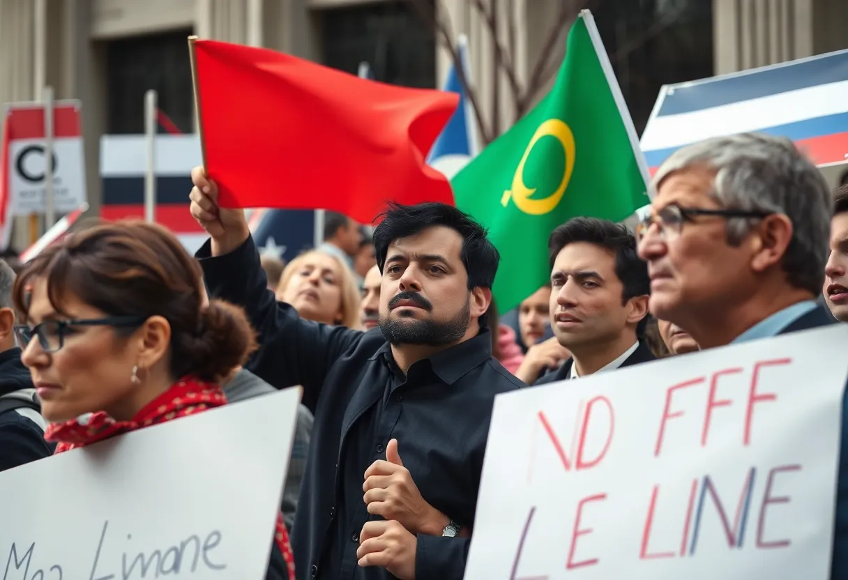 Depiction of a tense political atmosphere with divided crowds.