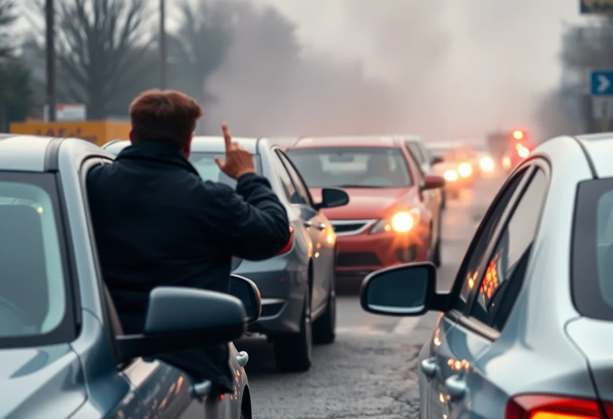A scene depicting a tense road rage incident with cars on a road.