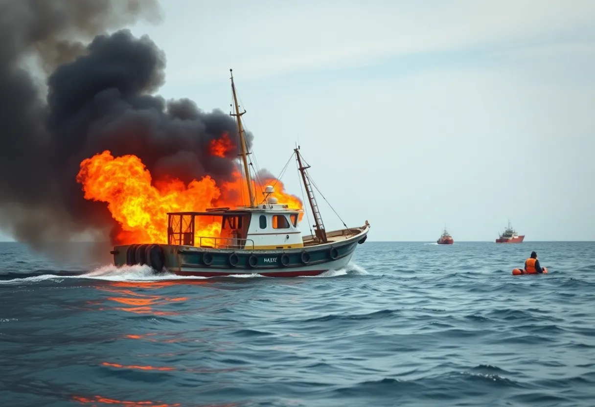 Shrimping boat catching fire off Cherry Grove coast