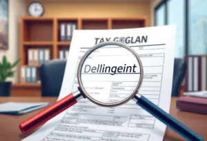 Illustration of a tax document with the word 'Delinquent' highlighted