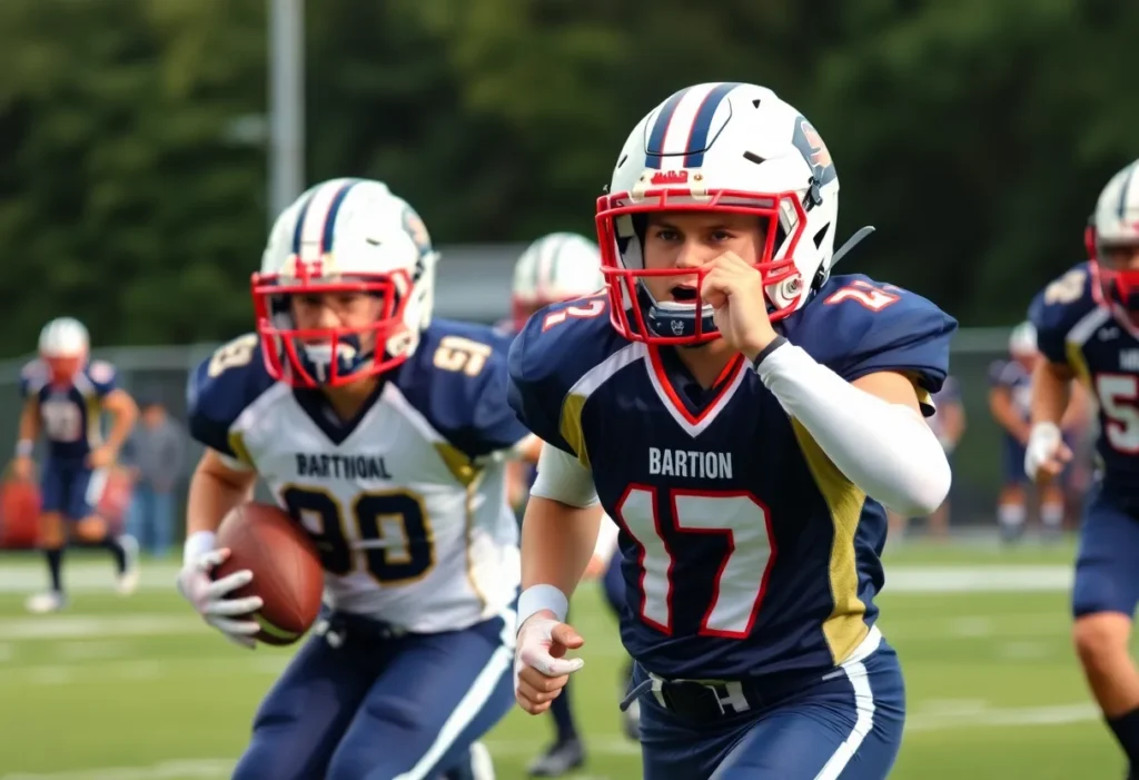 High school football players in action on the field during a game.
