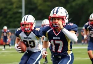 High school football players in action on the field during a game.