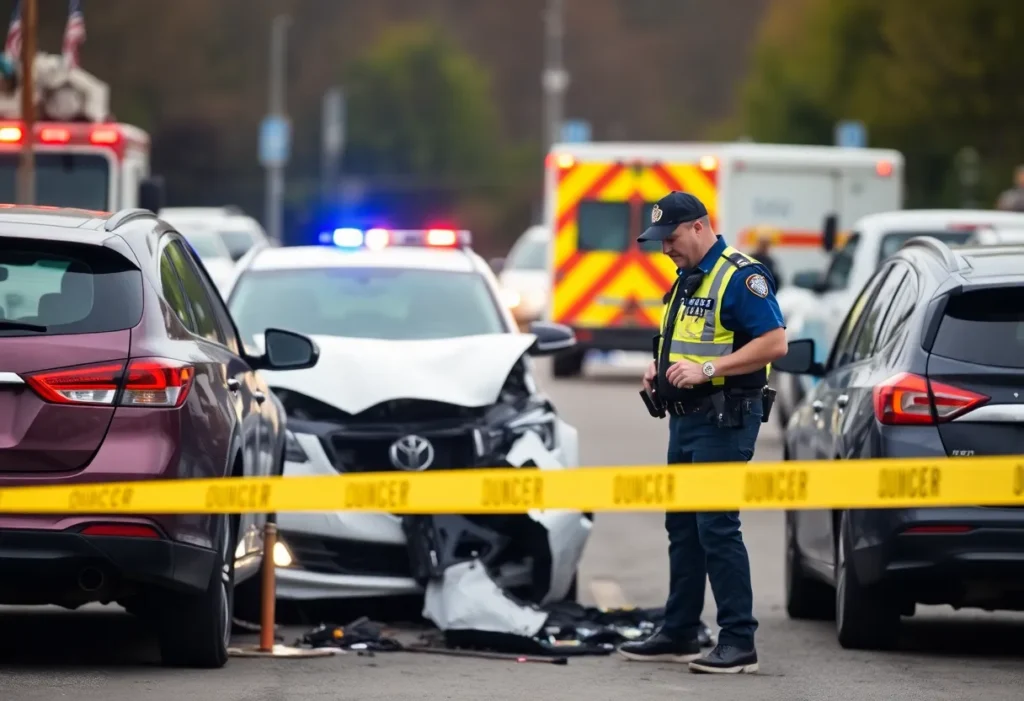 Police officer investigating a car accident scene involving insurance fraud.