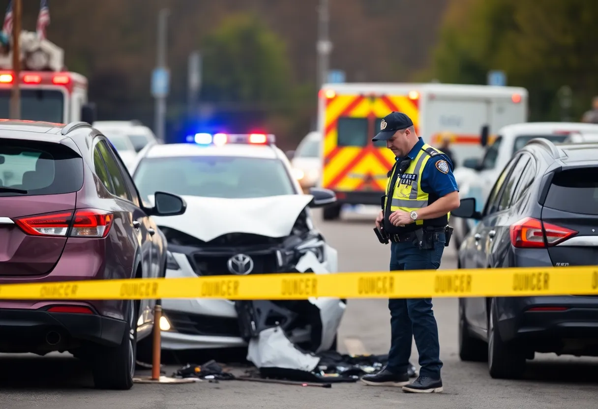 Police officer investigating a car accident scene involving insurance fraud.