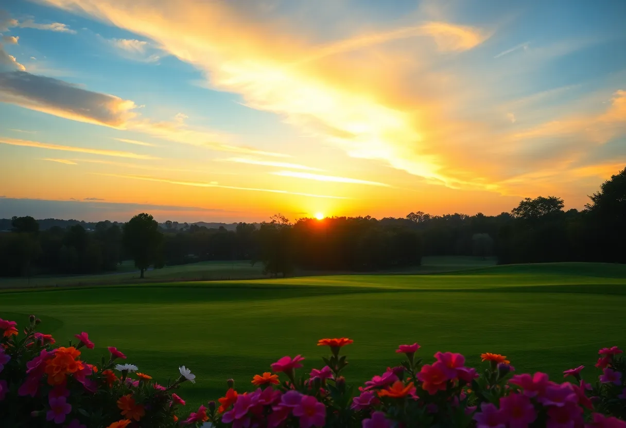 Stunning sunset on a golf course with flowers