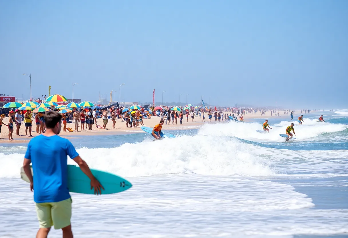 Surfers competing in the Surf City Dunes Classic at Myrtle Beach