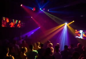 Vibrant nightlife at Thee Dollhouse nightclub with dancers and colorful lights