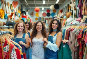 Women participating in a thrift crawl, browsing through vintage finds in thrift stores.
