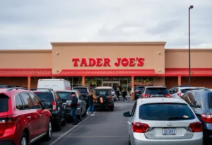 Busy parking lot at Trader Joe's with shoppers and vehicles
