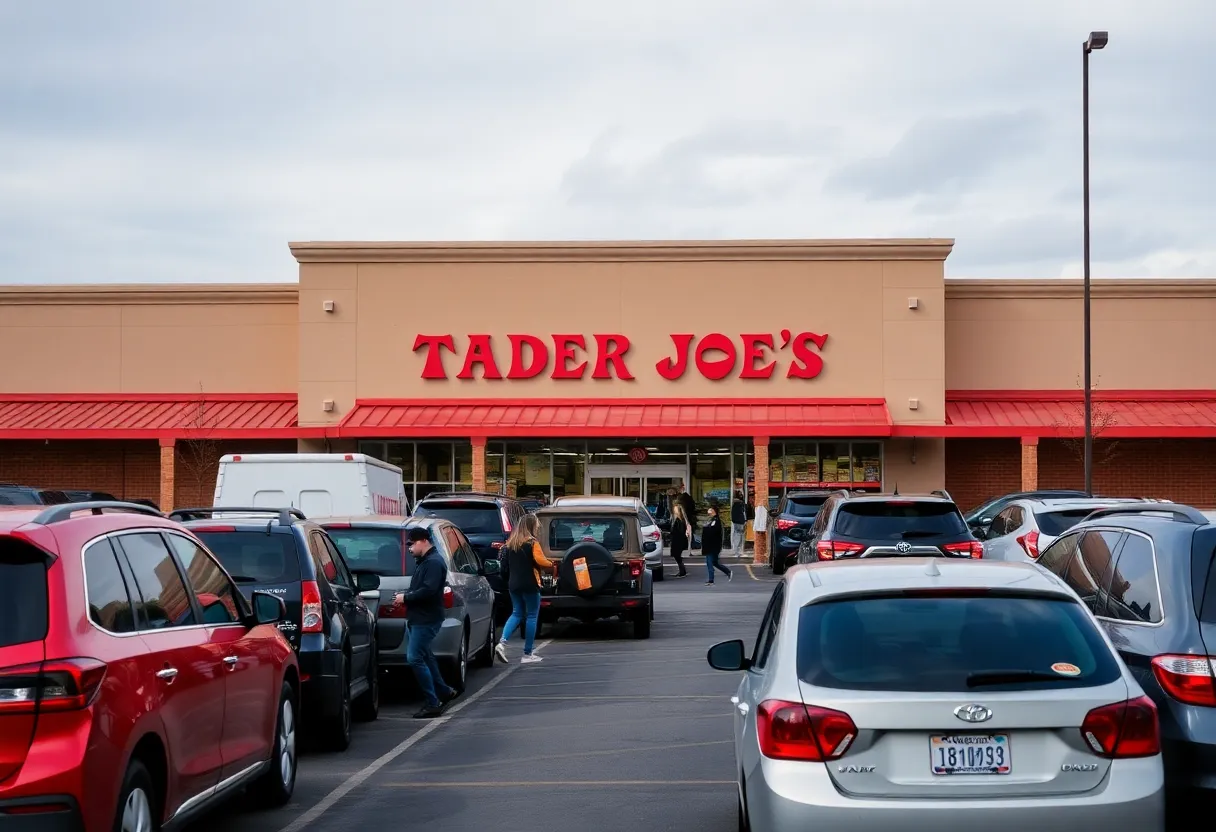 Busy parking lot at Trader Joe's with shoppers and vehicles