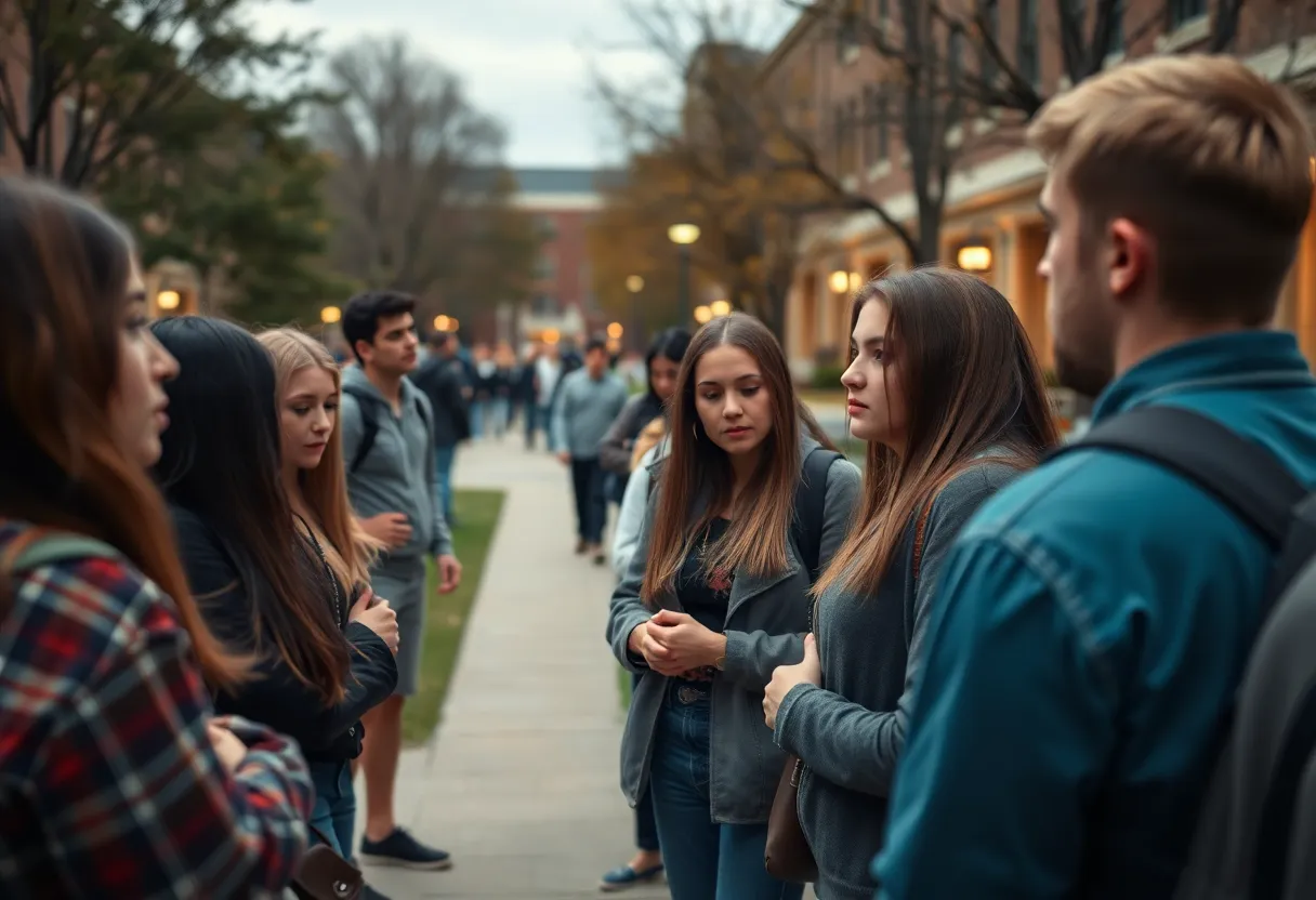 Students discussing in a somber atmosphere on campus after the tragic shooting incident.