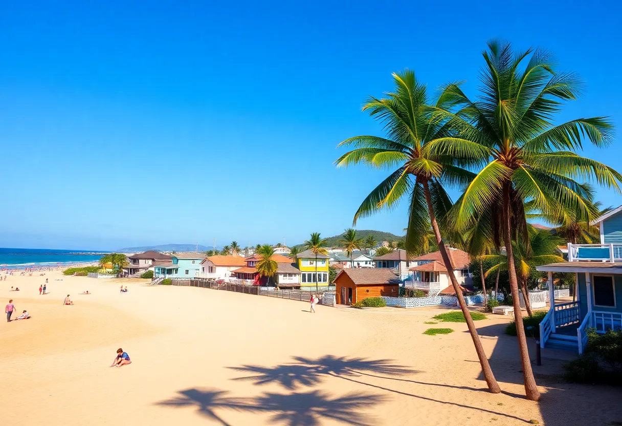 A picturesque view of affordable beach towns suitable for retirement, with sandy beaches and vibrant houses.