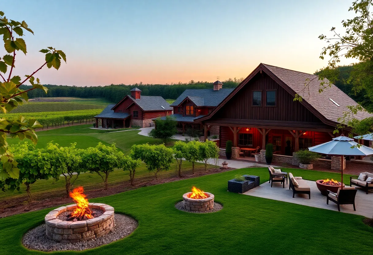 Beautiful view of Barn View Winery with barn and log home.