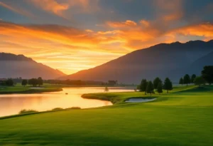 A beautiful sunset over a golf course representing peace and nature.