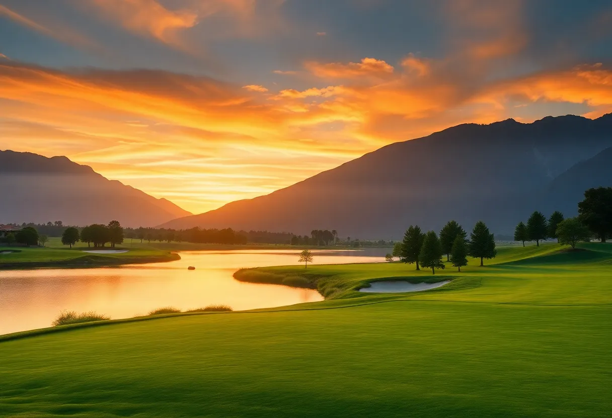 A beautiful sunset over a golf course representing peace and nature.