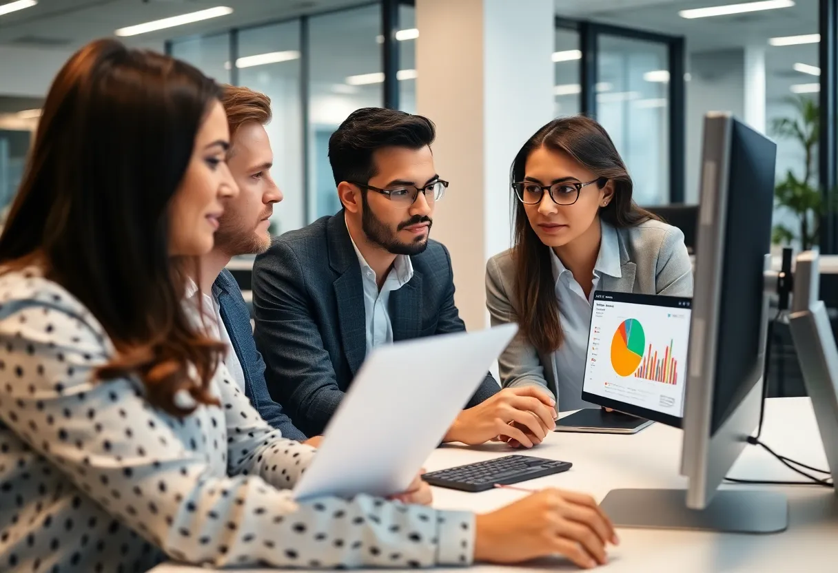 A marketing team discussing data analysis in a modern office