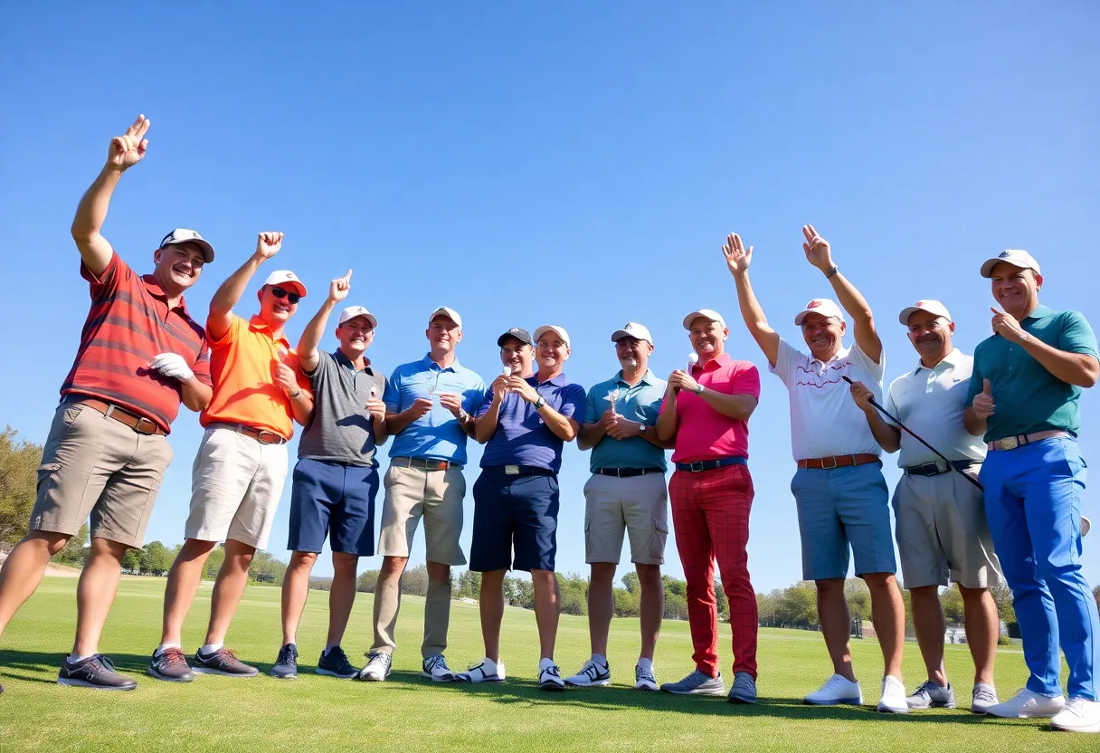Diverse group of golfers celebrating their achievements on the golf course.