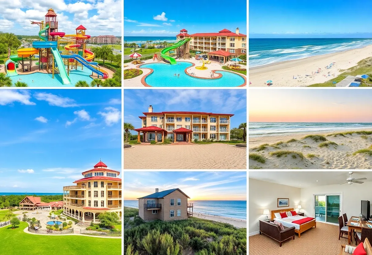 Collage of family resorts showcasing water parks and beach activities.