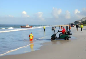 Emergency responders at Cherry Grove Beach during a golf cart rescue.