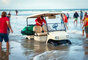 Scene of a heroic rescue involving a golf cart submerged in water