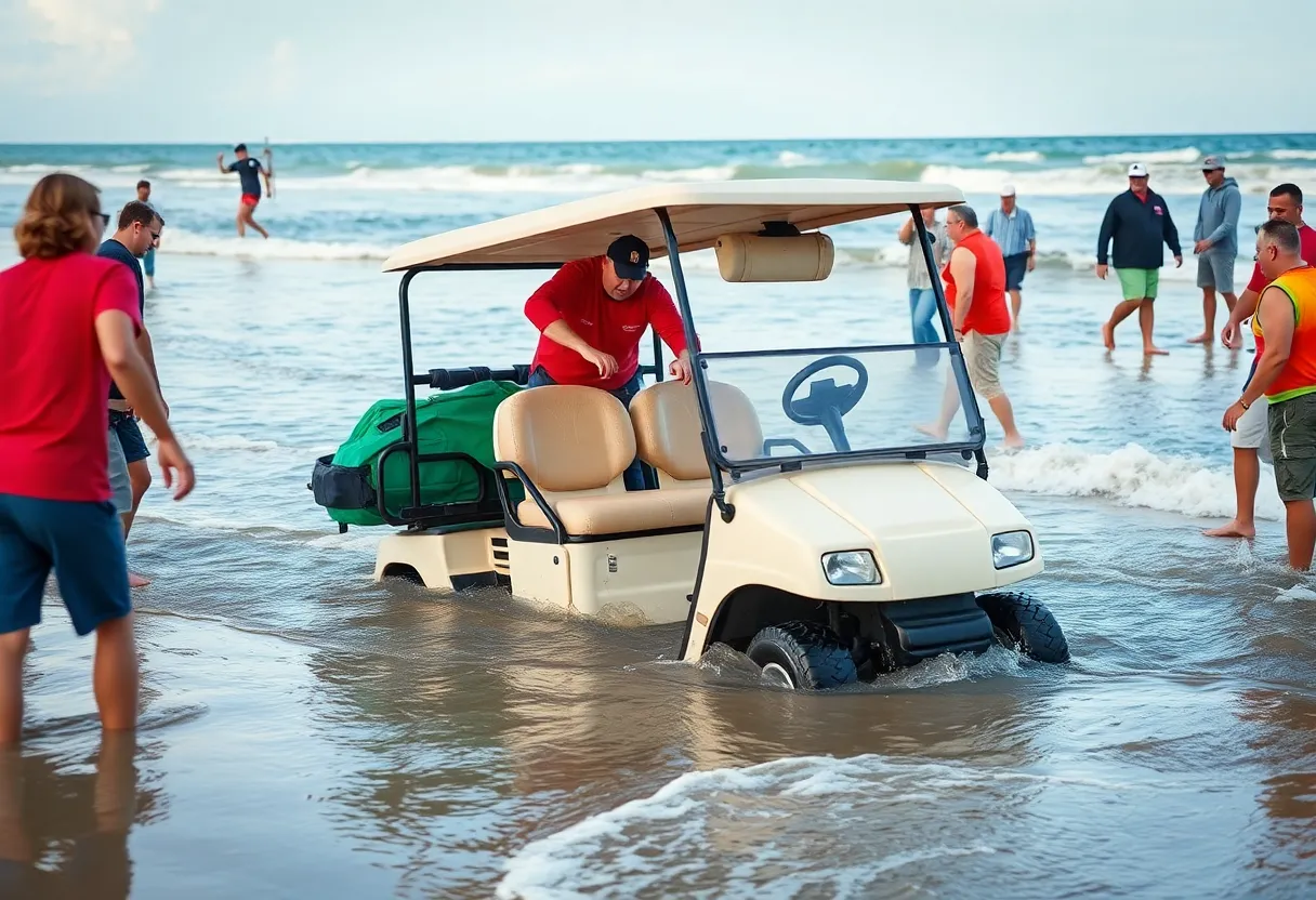 Scene of a heroic rescue involving a golf cart submerged in water