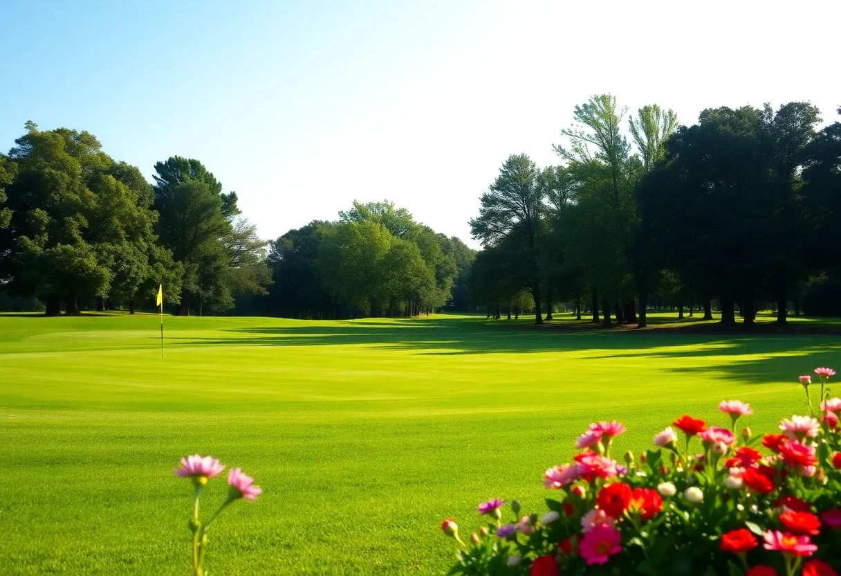 A scenic golf course full of greenery and vibrant flowers.