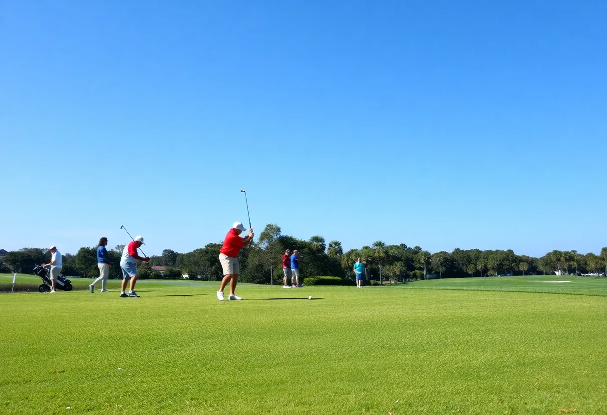 Golfers practicing swings on a beautiful Myrtle Beach golf course.