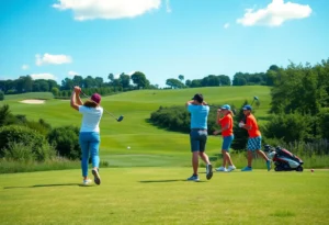 A young golfer practicing swings on a beautiful golf course.