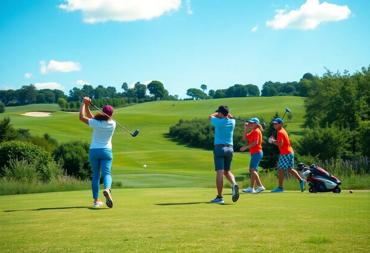 A young golfer practicing swings on a beautiful golf course.