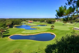A picturesque golf course in Myrtle Beach with golf players and stunning nature surroundings.