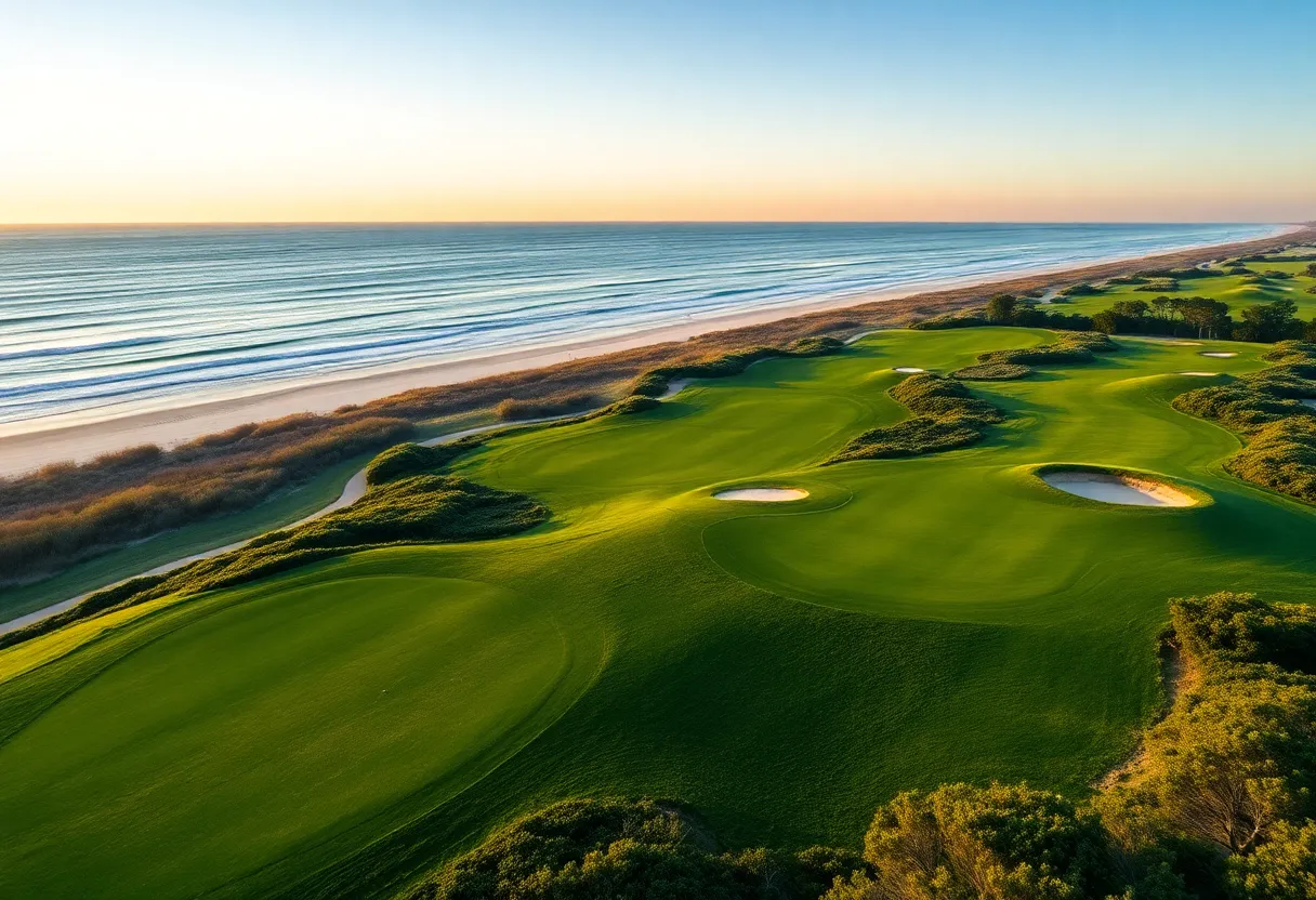 Stunning golf course landscape in Myrtle Beach with red flags and ocean view