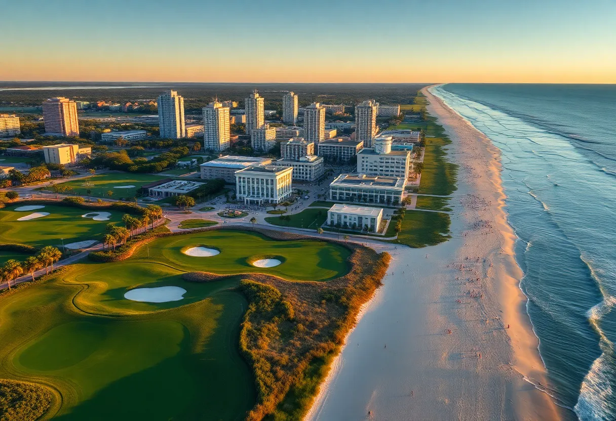 A vibrant aerial view of Myrtle Beach featuring its stunning golf courses and sunny beaches.