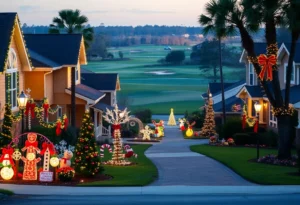 Houses in Myrtle Beach decorated for the holidays with golf course view.