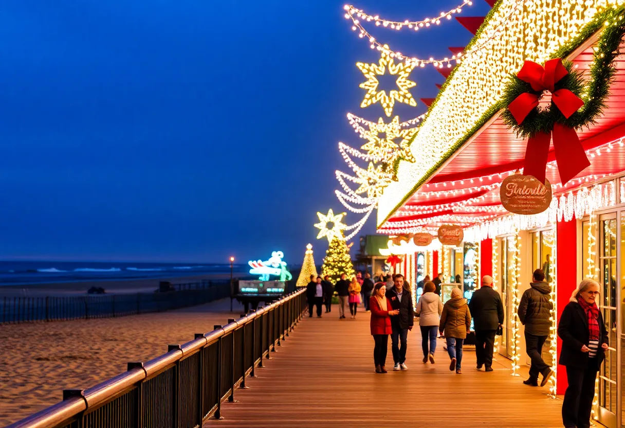 Myrtle Beach boardwalk adorned with holiday lights