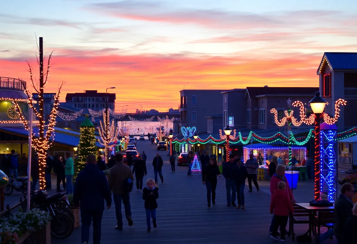 Families enjoying holiday attractions in Myrtle Beach with twinkling lights.