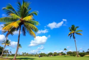 Golf course under sunny skies with tropical landscape