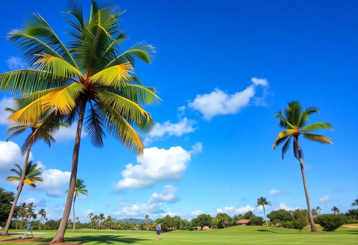 Golf course under sunny skies with tropical landscape