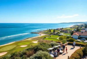 A scenic view of a coastal town with golf courses and beaches.