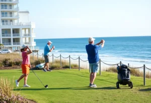 Seniors playing golf in Myrtle Beach with the ocean in the background.