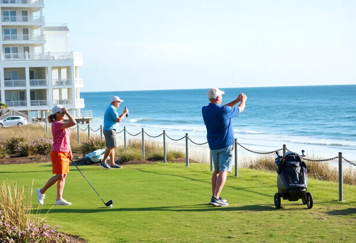 Seniors playing golf in Myrtle Beach with the ocean in the background.