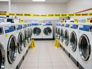 Police evidence markers at the scene of a shooting incident.