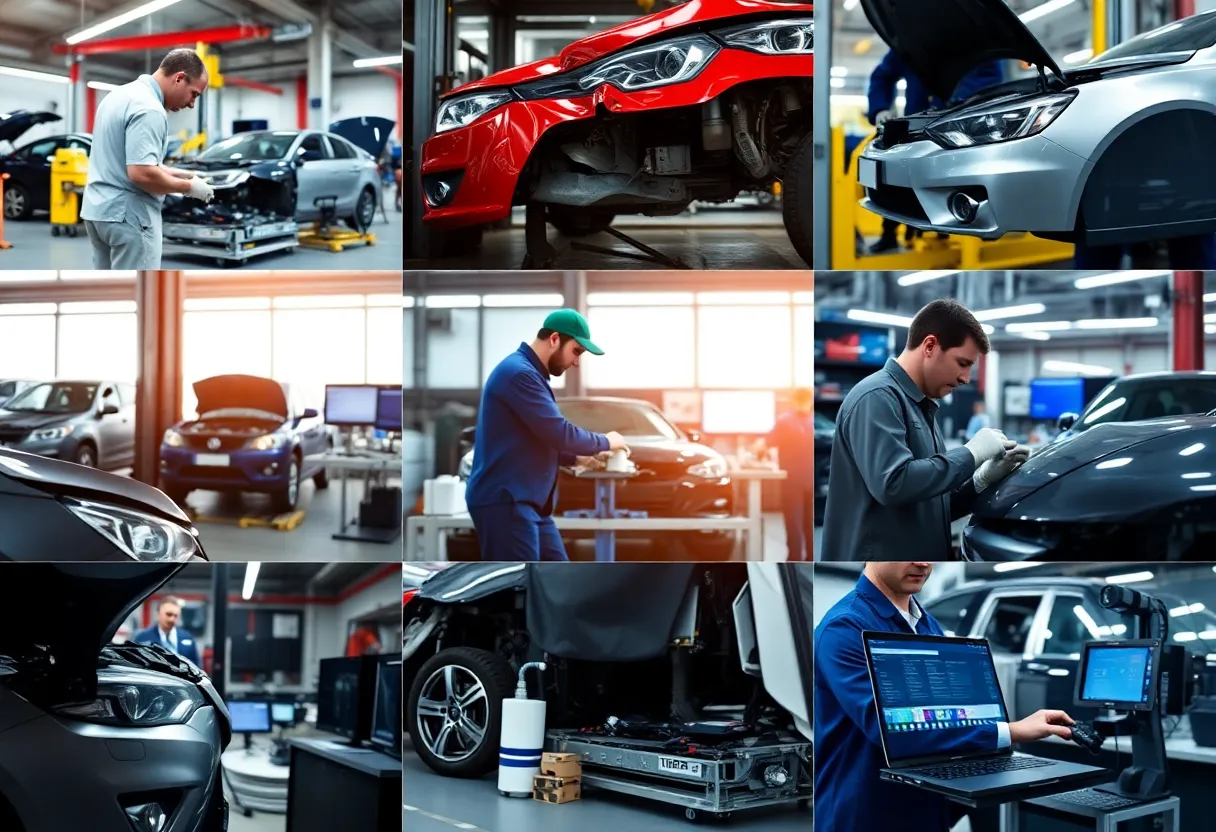 Technicians working on automotive repairs with advanced technology.